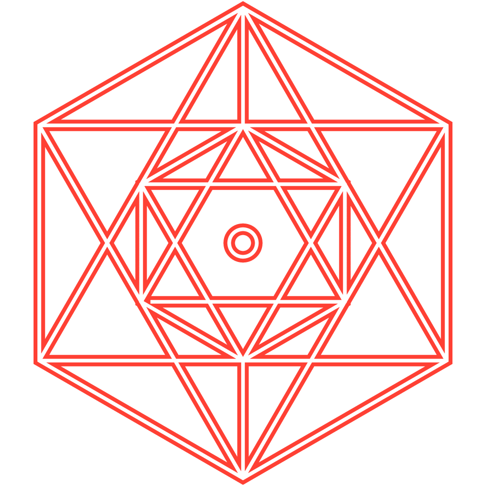 Geometric line design with nested triangles, a hexagon, and a central circle