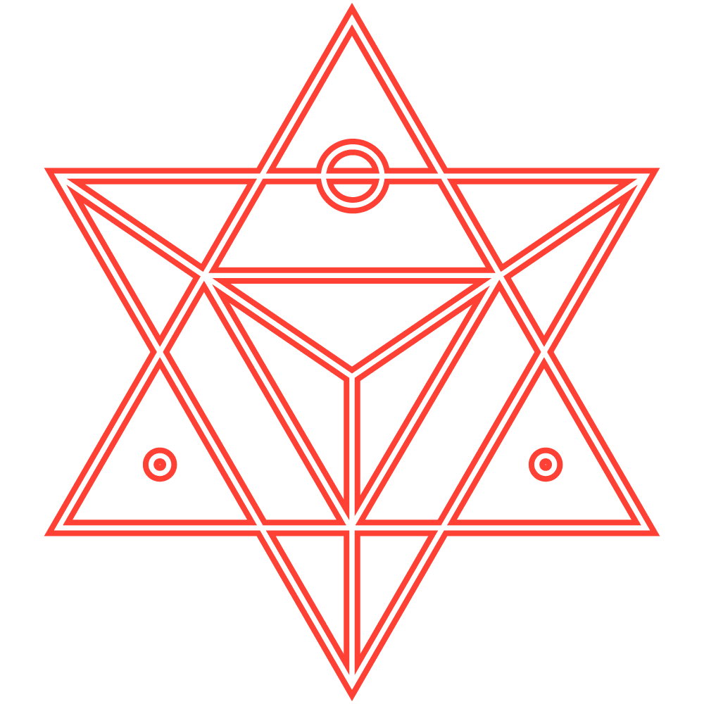 Geometric symbol of overlapping triangles with three small circles in red outline